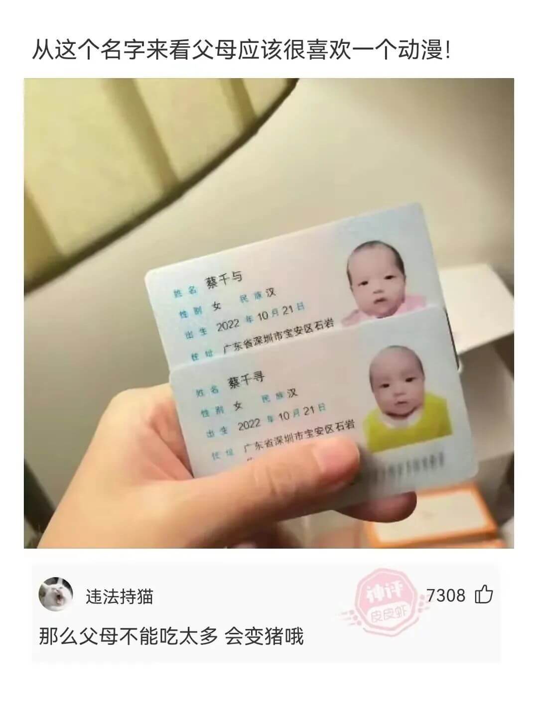 姓名蔡千与民族汉性别女2022年10月21日出生广东省深圳市
