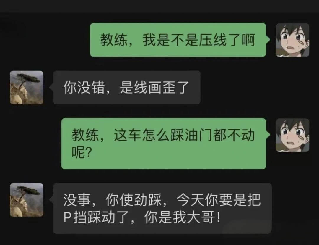 教练，我是不是压线了啊你没错，是线画歪了教练，这车怎么踩油门