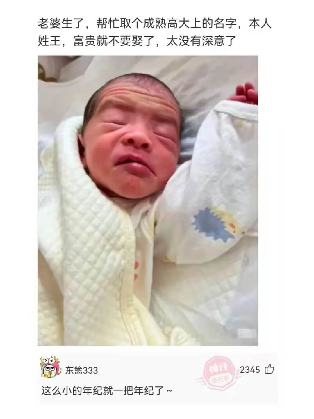 老婆生了，帮忙取个成熟高大上的名字，本人姓王，富贵就不要娶了