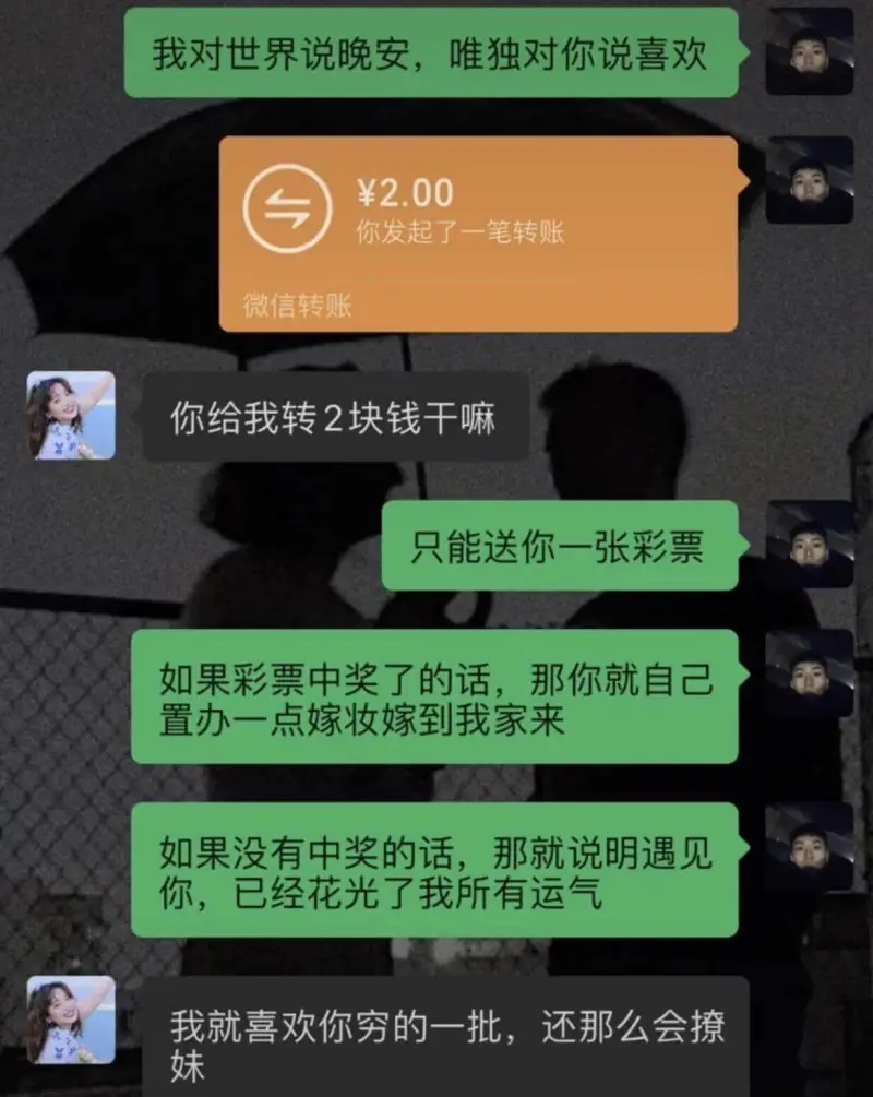 我对世界说晚安，唯独对你说喜欢。￥2.00你发起了一笔转账微