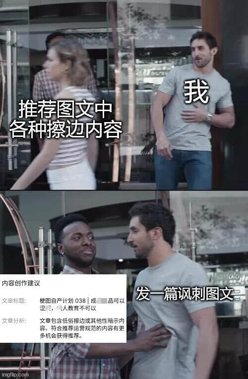 我推荐图文中各种擦边内容。内容创作建议:发一篇讽刺图文。文章