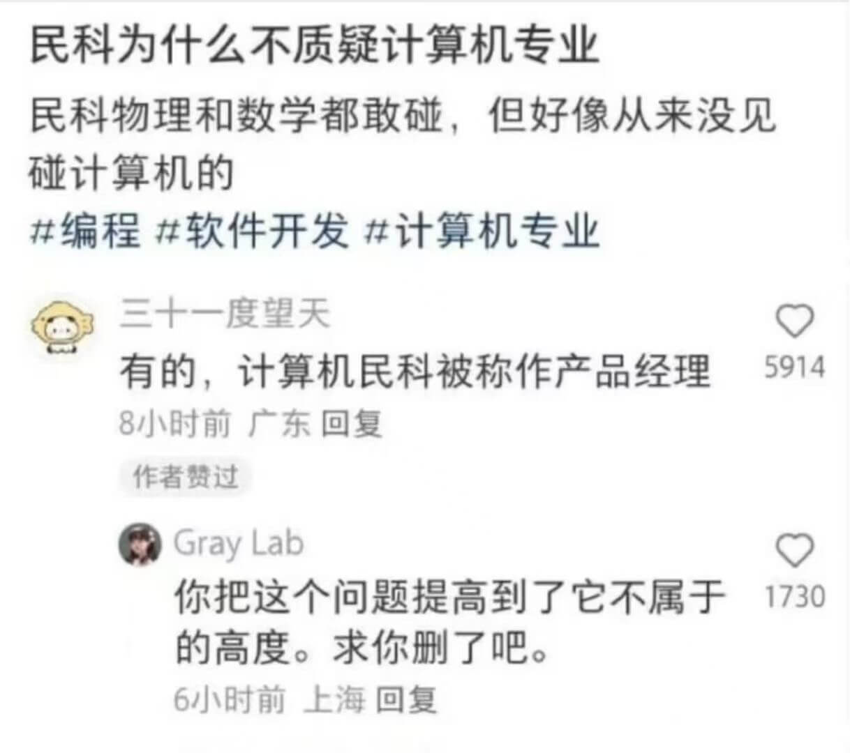 民科为什么不质疑计算机专业民科物理和数学都敢碰，但好像从来没