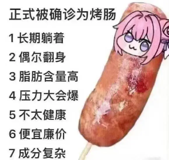 正式被确诊为烤肠1长期躺着2偶尔翻身3脂肪含量高4压力大会爆