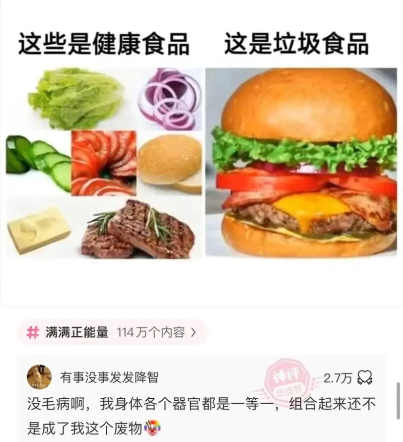 这些是健康食品。这是垃圾食品。满满正能量114万个内容。有事