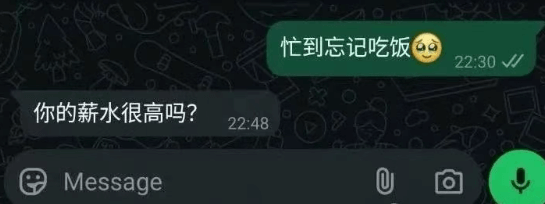 忙到忘记吃饭22:30VW你的薪水很高吗？22:48Mess