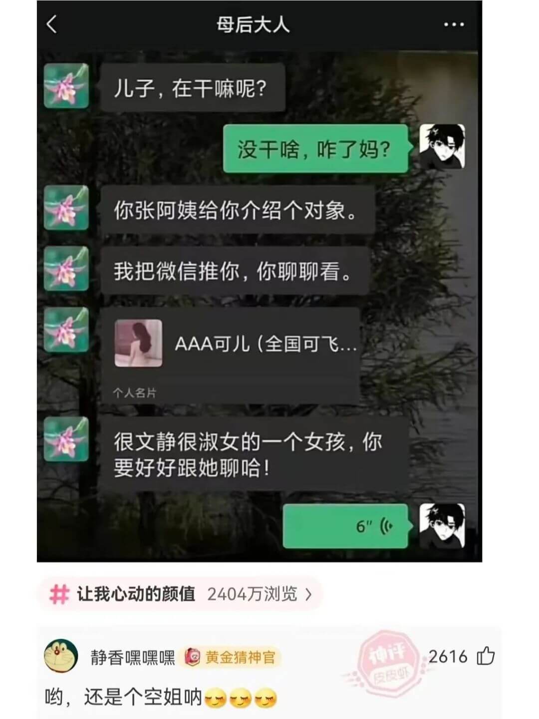 母后大人儿子，在干嘛呢？没干啥，咋了妈？你张阿姨给你介绍个对