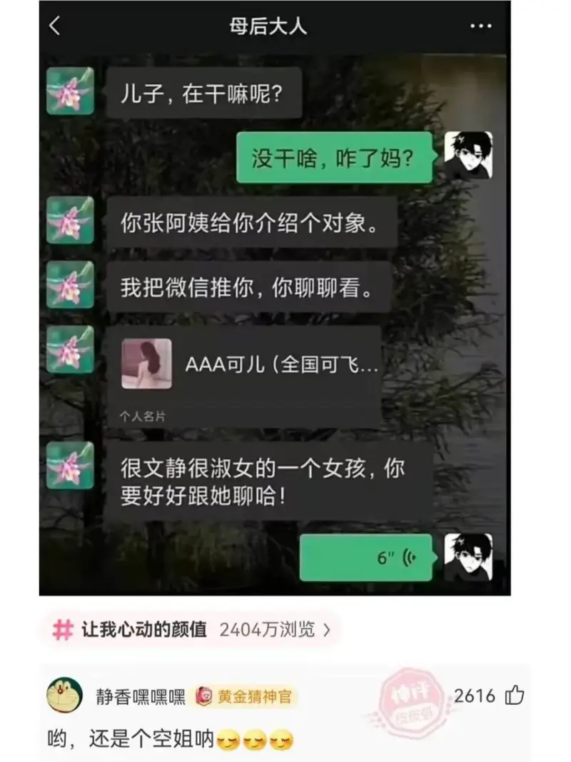 母后大人儿子，在干嘛呢？没干啥，咋了妈？你张阿姨给你介绍个对