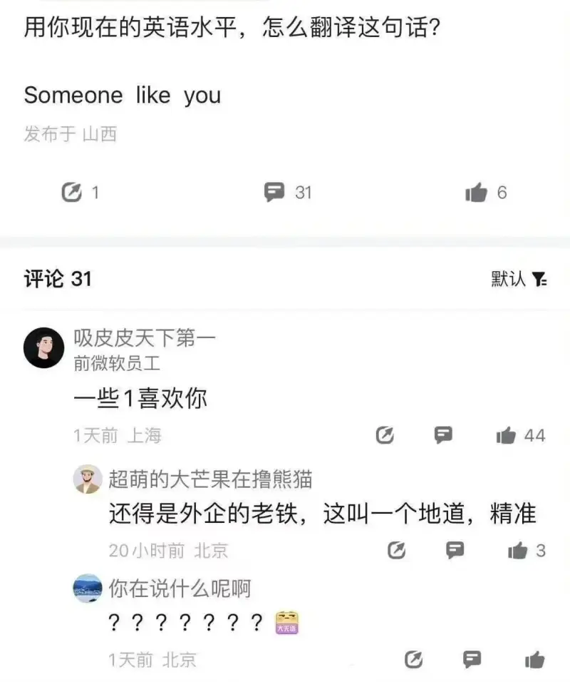 用你现在的英语水平，怎么翻译这句话？Someonelikey