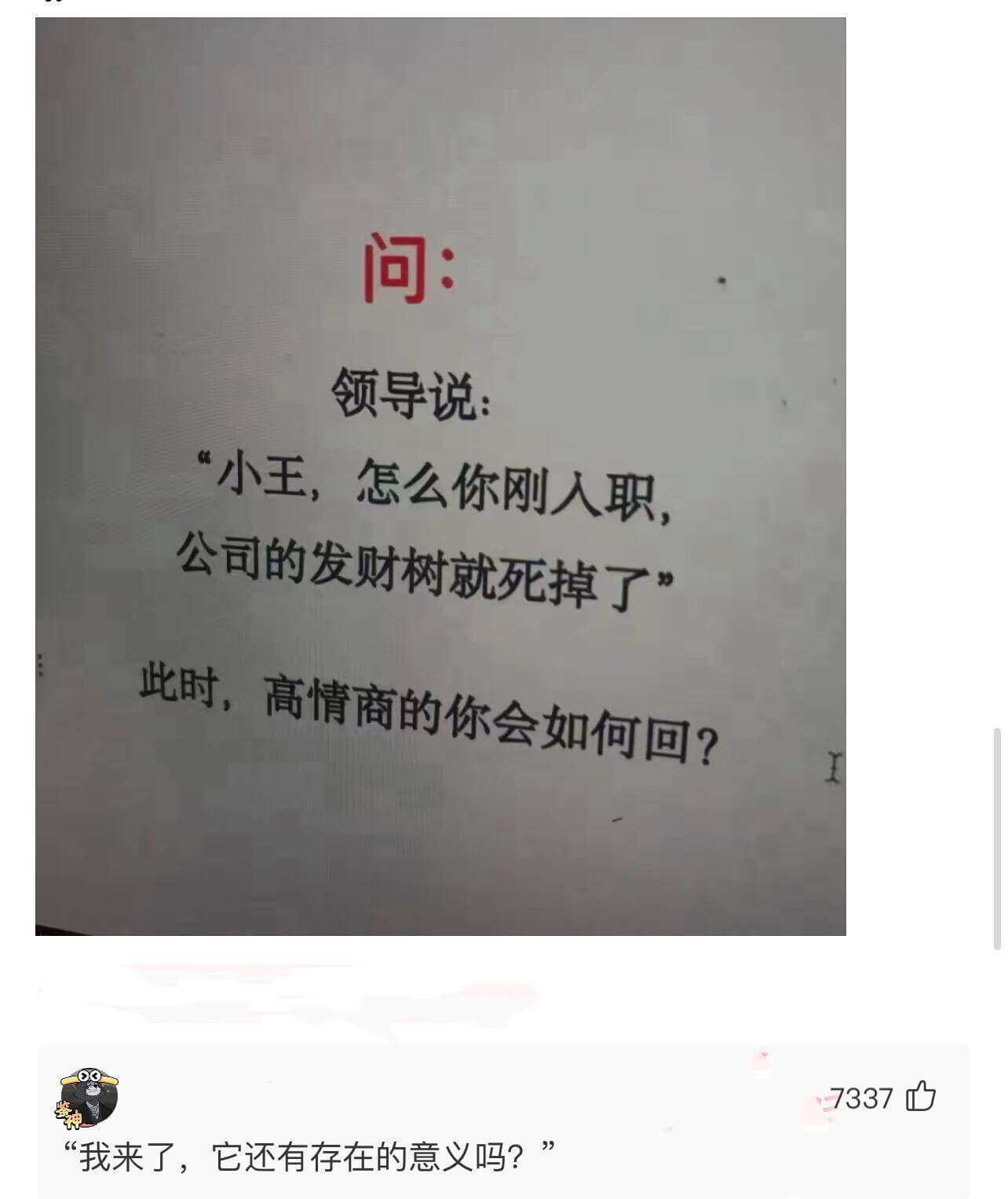 问:领导说:“小王，怎么你刚入职，公司的发财树就死掉了？”此