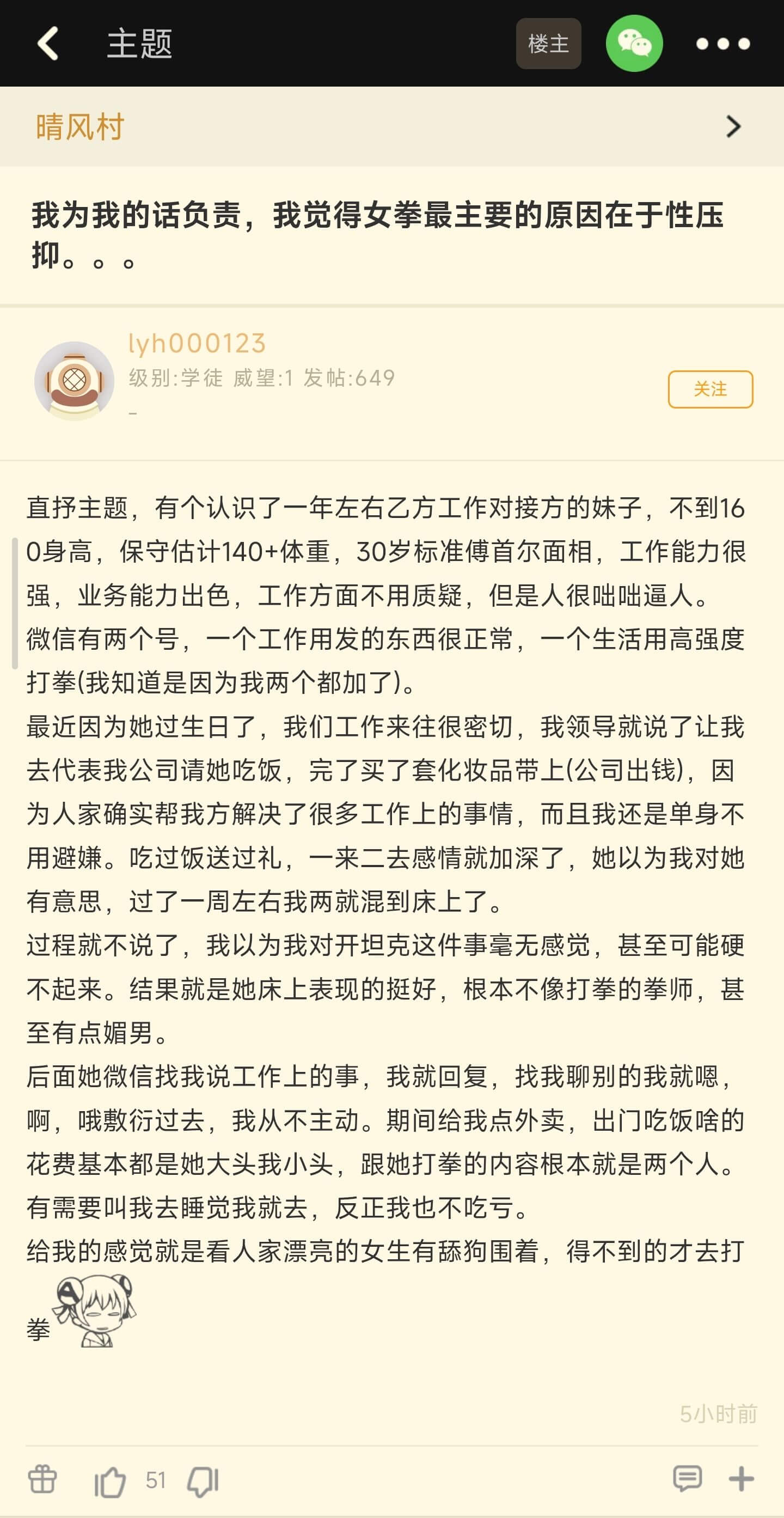 主题楼主晴风村我为我的话负责，我觉得女拳最主要的原因在于性压