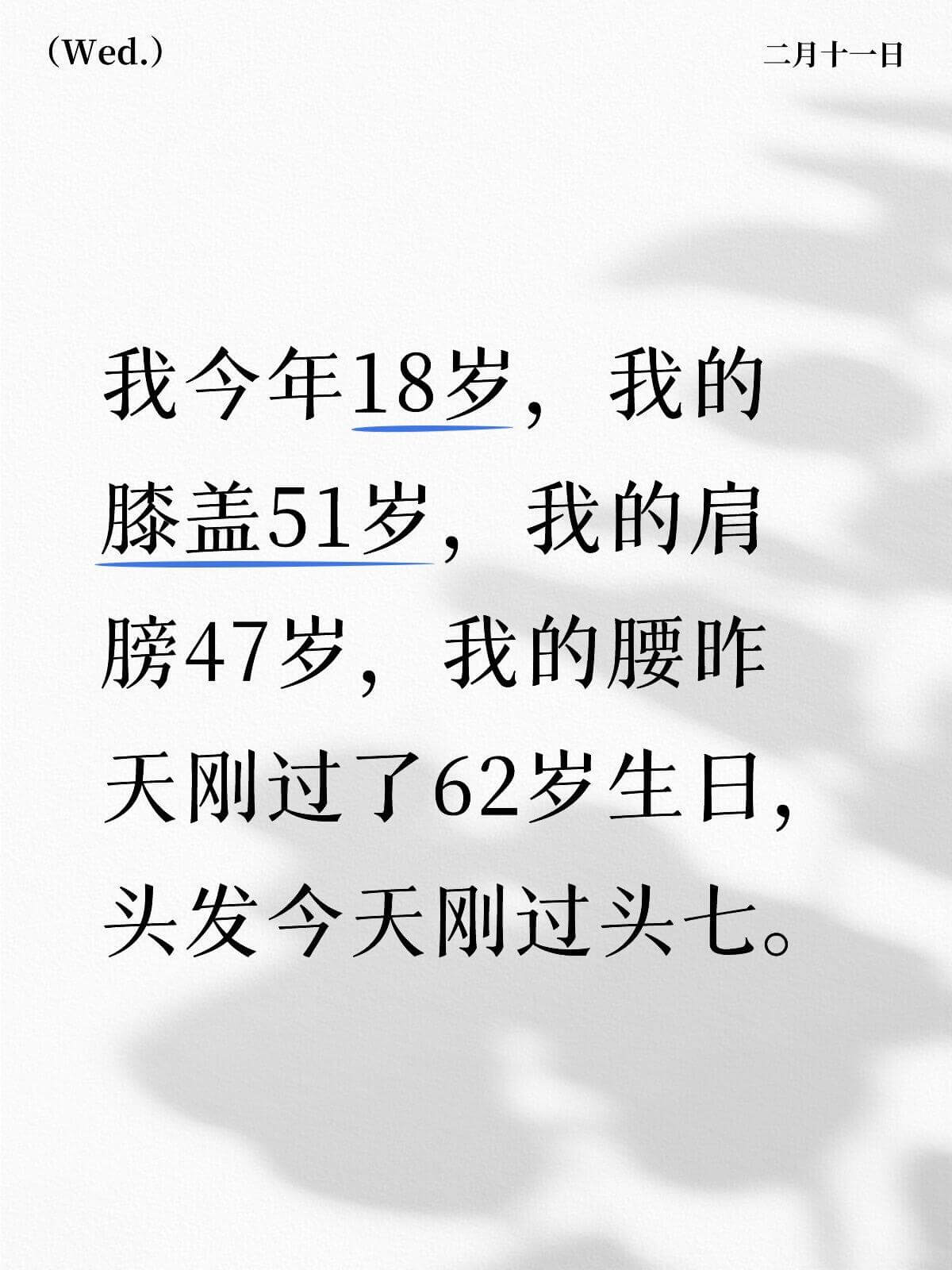 (Wed.)二月十一日我今年18岁，我的膝盖51岁，我的肩膀