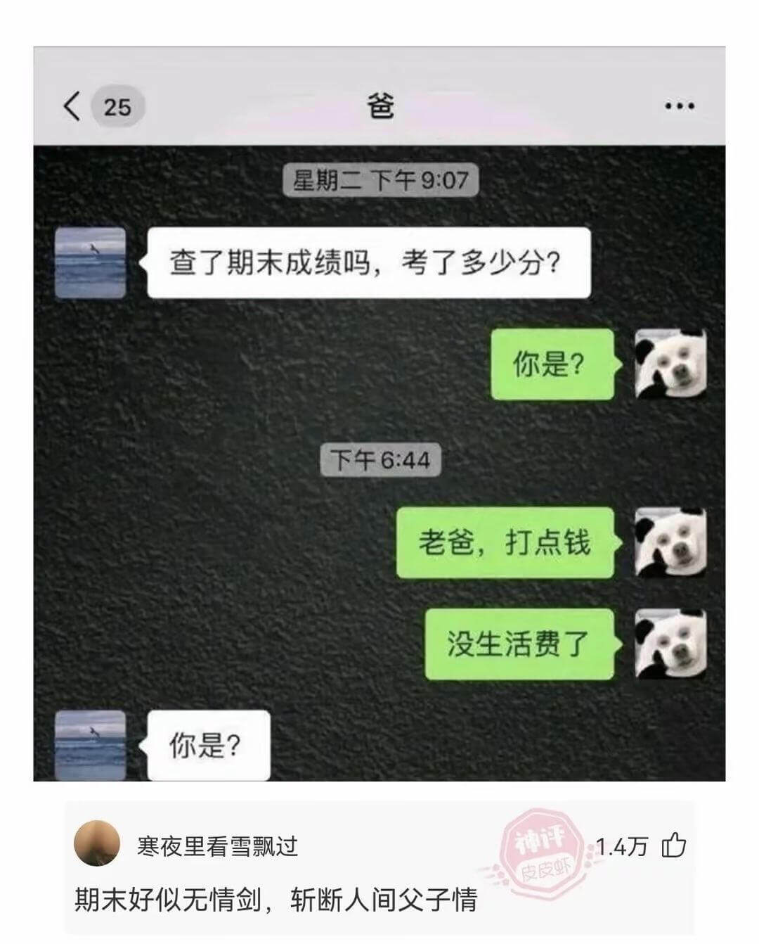 爸25星期二下午9:07查了期末成绩吗，考了多少分?你是?下