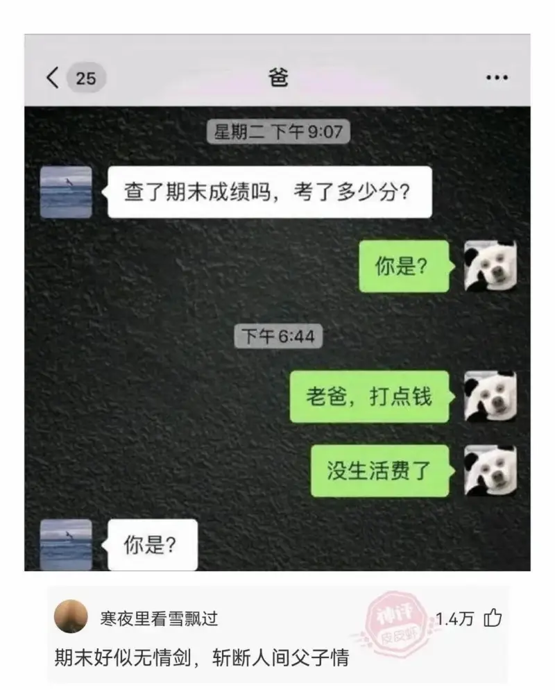 爸25星期二下午9:07查了期末成绩吗，考了多少分?你是?下