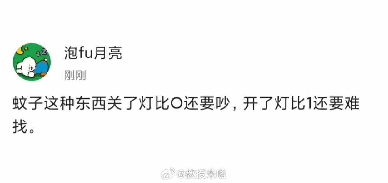 泡fu月亮刚刚蚊子这种东西关了灯比还要吵，开了灯比1还要难找