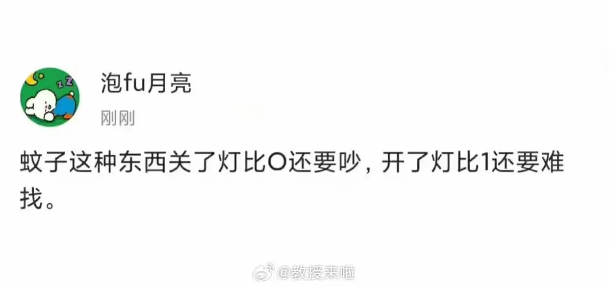 泡fu月亮刚刚蚊子这种东西关了灯比还要吵，开了灯比1还要难找