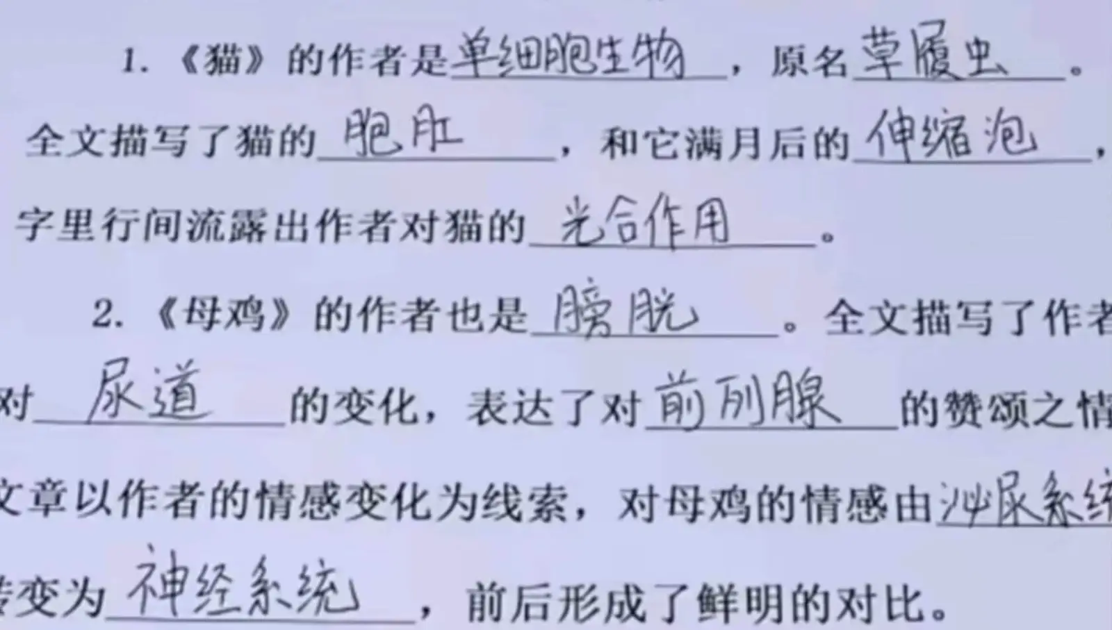1.《猫》的作者是单细胞生物,原名草履虫。全文描写了猫的胞肛