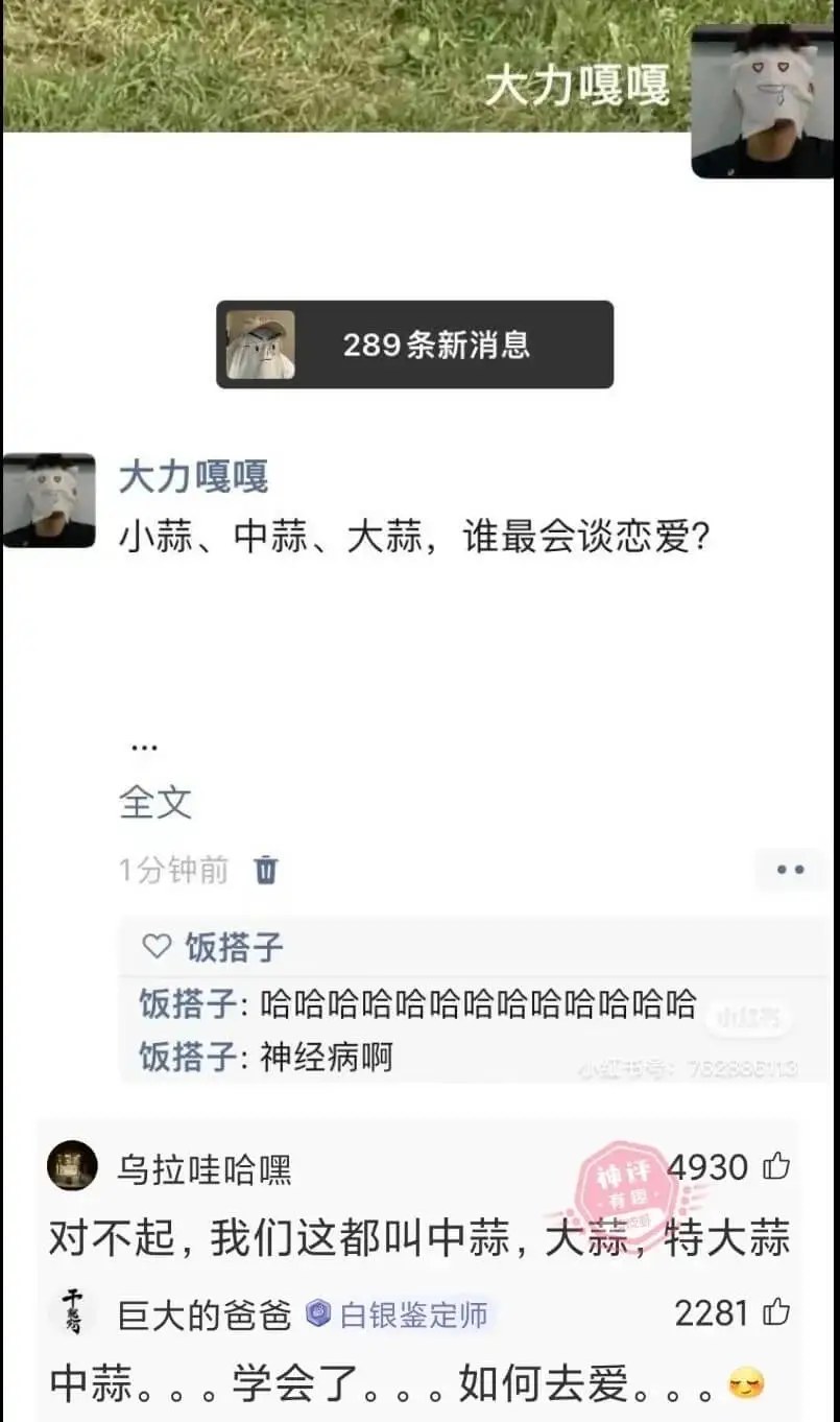 大力嘎嘎289条新消息大力嘎嘎小蒜、中蒜、大蒜,谁最会谈恋爱
