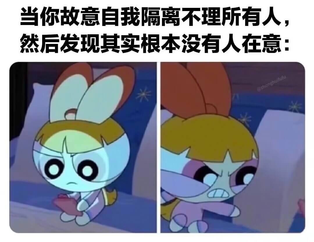当你故意自我隔离不理所有人然后发现其实根本没有人在意@zho