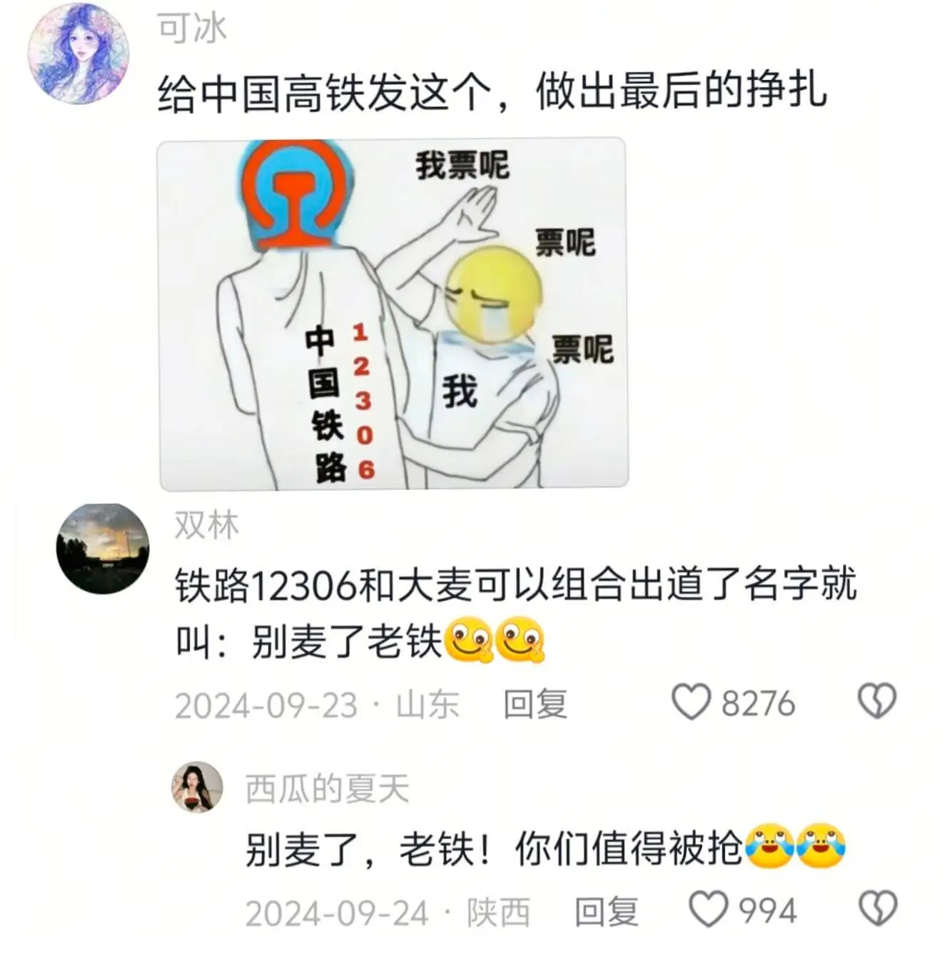 可冰给中国高铁发这个,做出最后的挣扎我票呢票呢中国铁路123