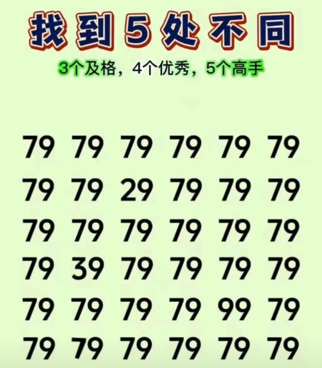 找到5处不同3个及格，4个优秀，5个高手7979797979