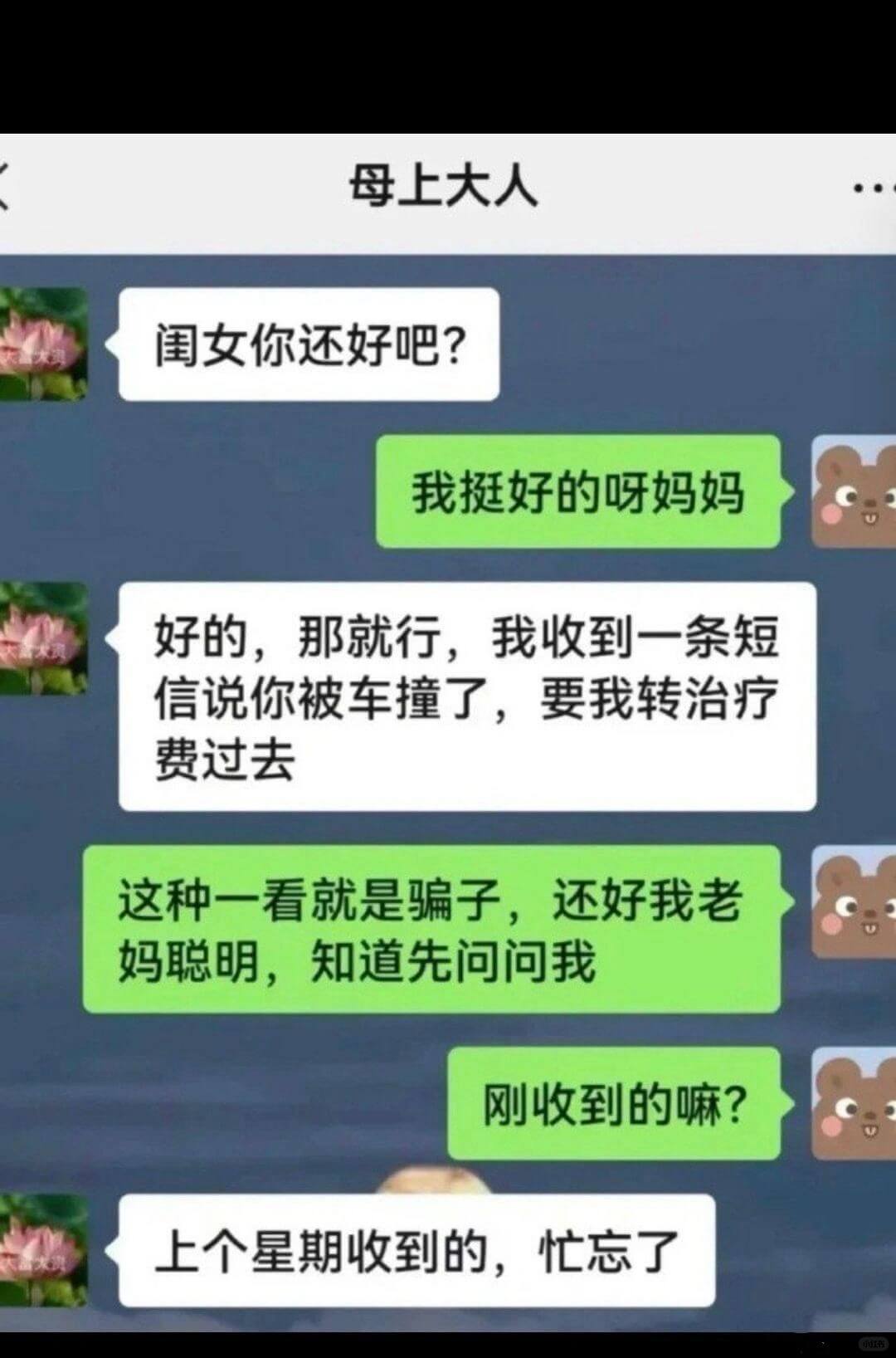 母上大人闺女你还好吧?我挺好的呀妈妈好的，那就行，我收到一条
