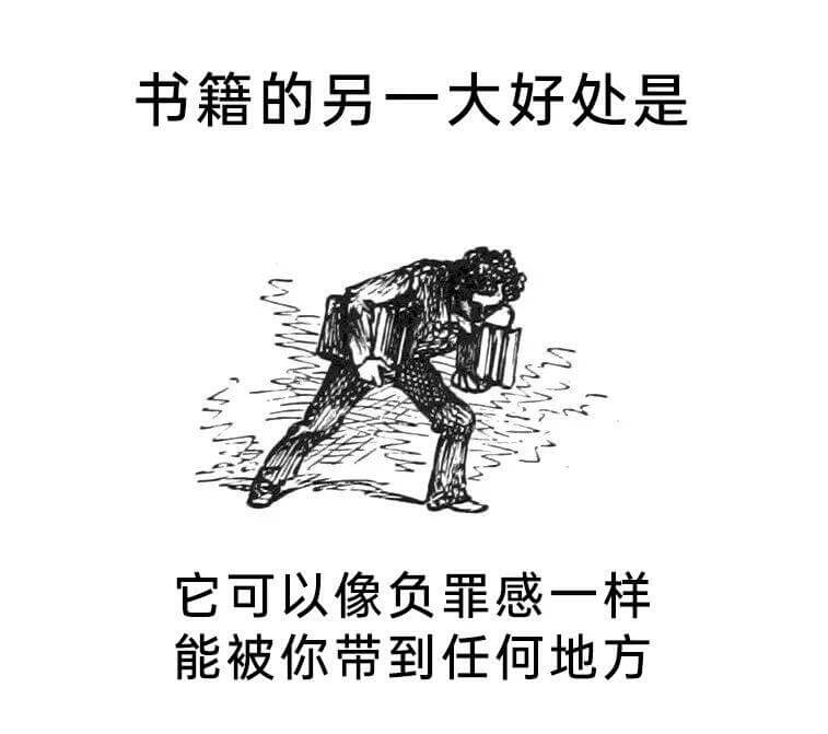 书籍的另一大好处是，它可以像负罪感一样，能被你带到任何地方。