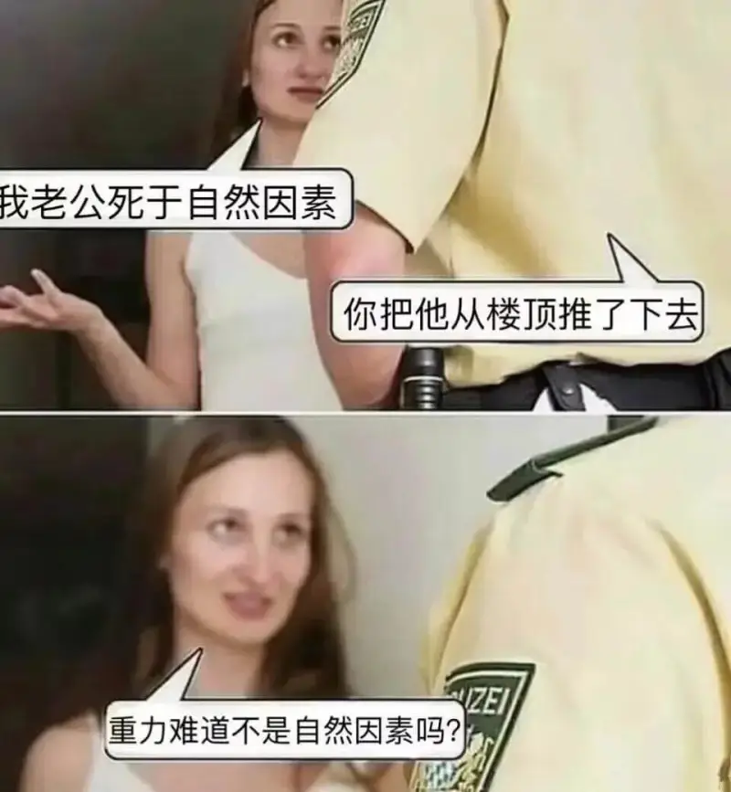 我老公死于自然因素。你把他从楼顶推了下去。——重力难道不是自