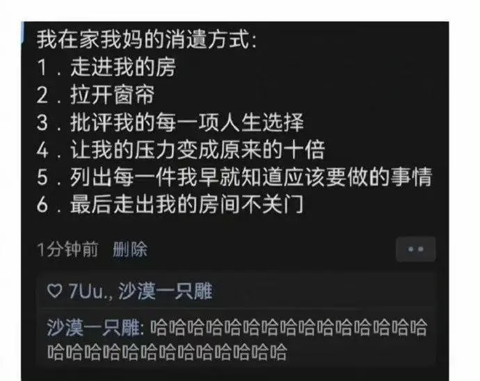 我在家我妈的消遣方式:1.走进我的房间2.拉开窗帘3.批评我