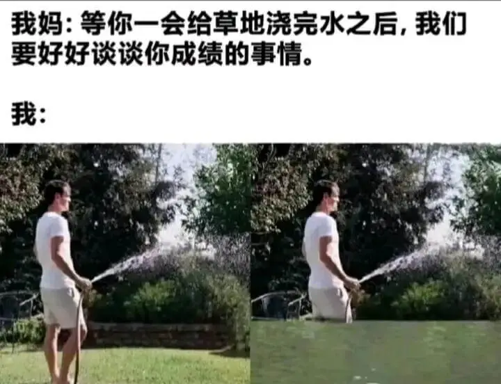 我妈：等你一会给草地浇完水之后，我们要好好谈谈你成绩的事情。