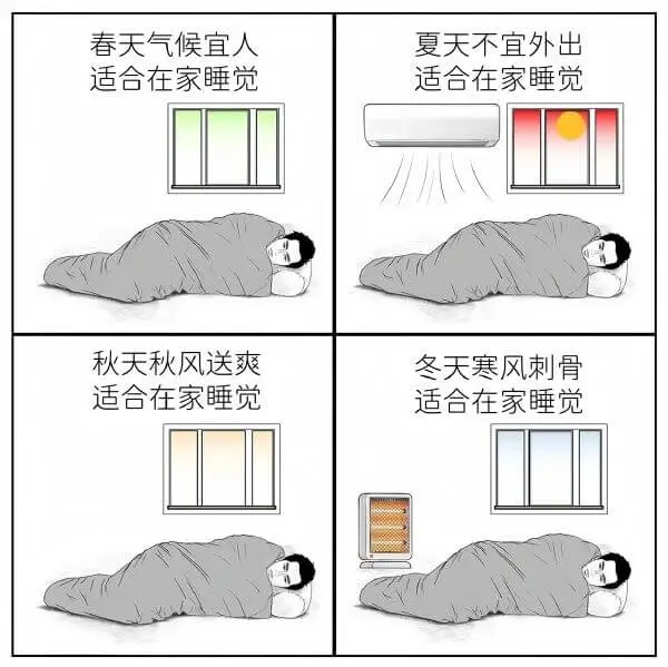 春天气候宜人，夏天不宜外出，适合在家睡觉。秋天秋风送爽，冬天