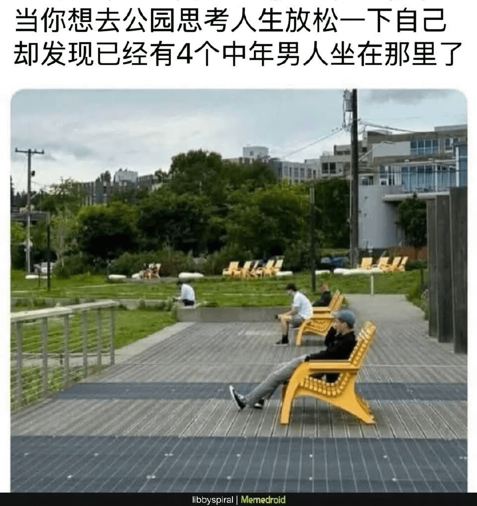 当你想去公园思考人生、放松一下自己，却发现已经有4个中年男人