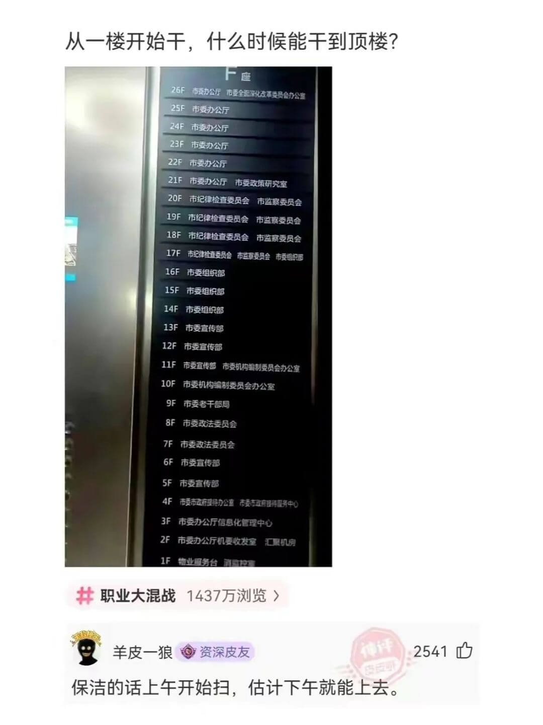 从一楼开始干，什么时候能干到顶楼?F座26F市委办公厅市委全