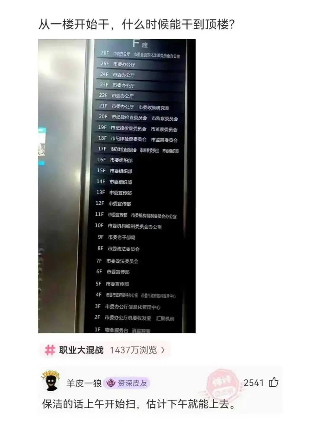 从一楼开始干,什么时候能干到顶楼?F座26F市委办公厅市委全