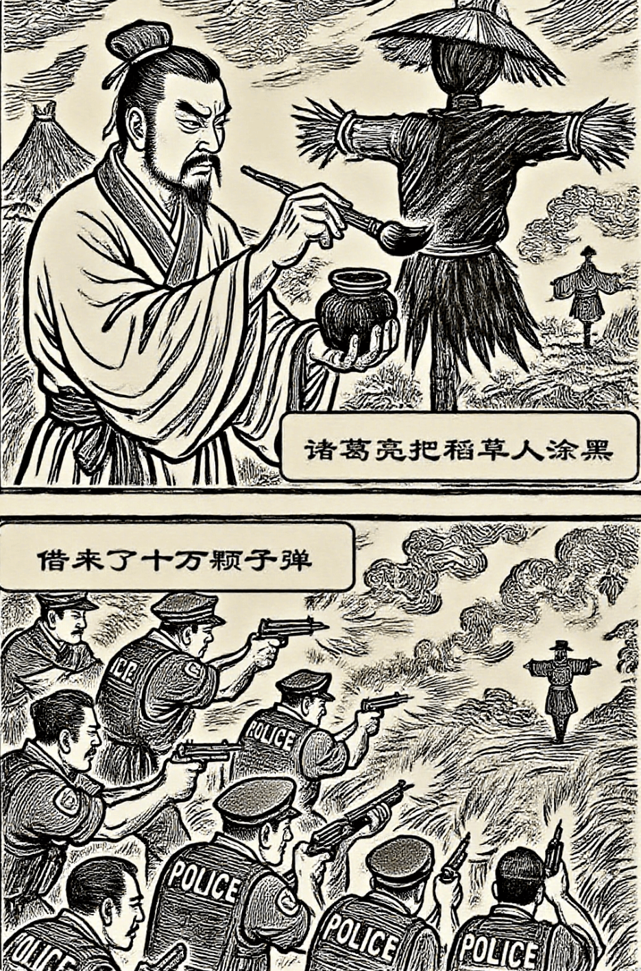 诸葛亮把稻草人涂黑，借来了十万颗子弹。POLICEPOLIC