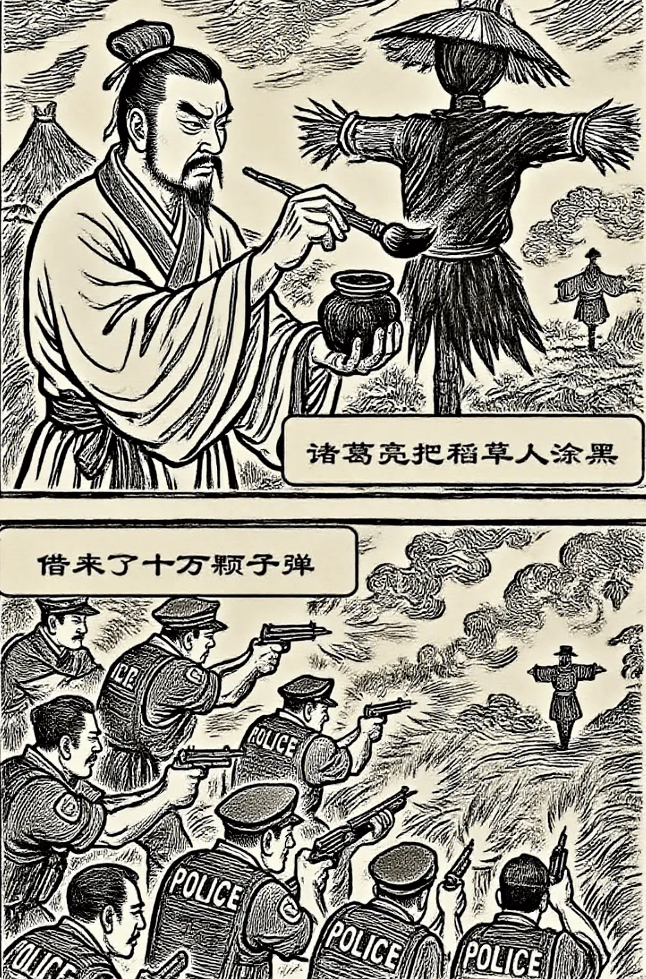 诸葛亮把稻草人涂黑，借来了十万颗子弹。POLICEPOLIC