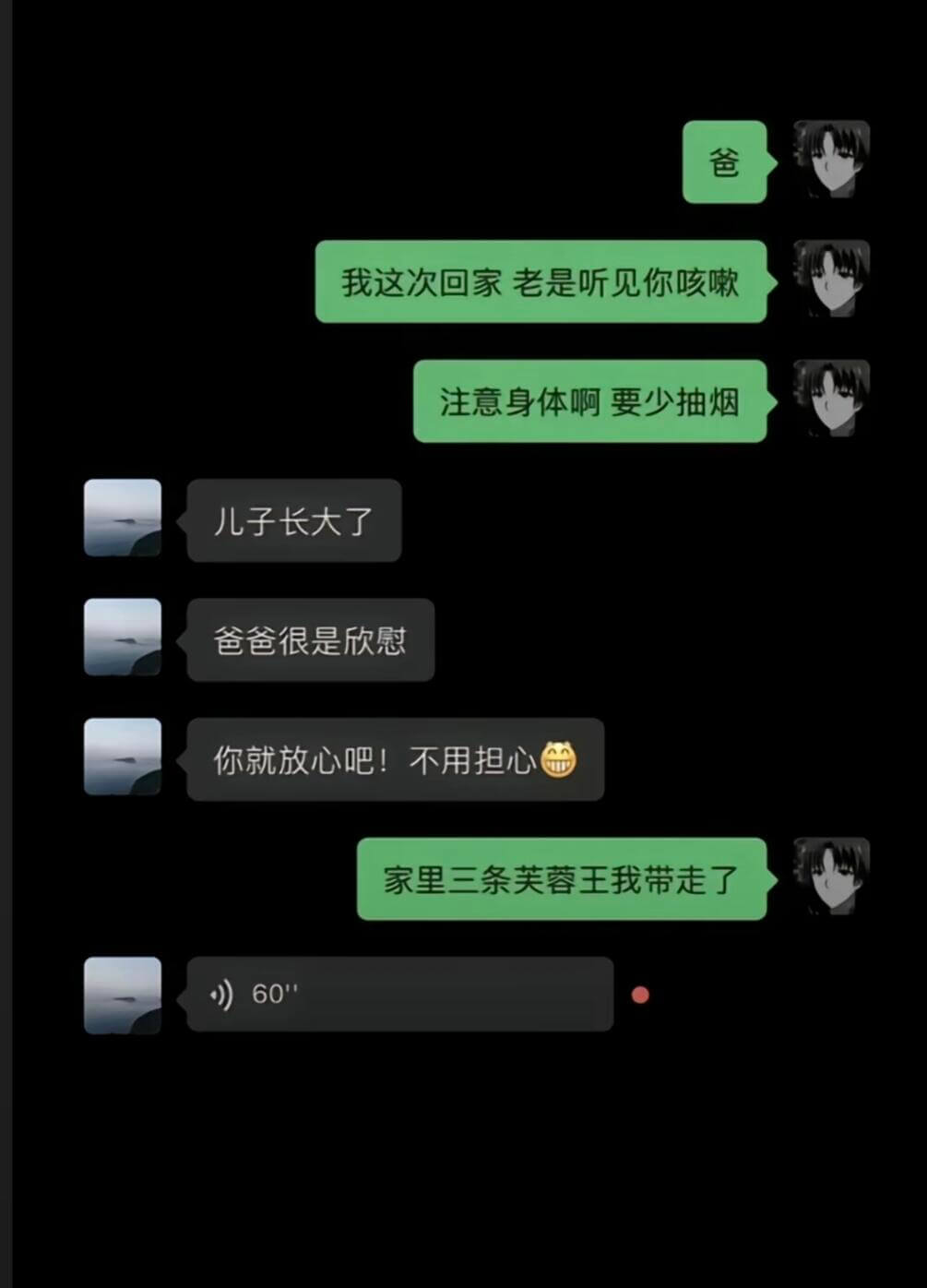 爸，我这次回家老是听见你咳嗽，注意身体啊，要少抽烟。儿子长大
