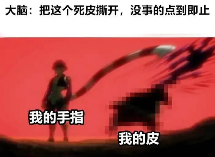 大脑：把这个死皮撕开，没事的，点到即止。我的手指，我的皮。