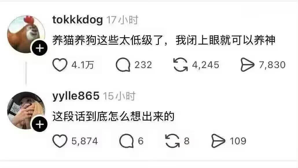 tokkkdog17小时养猫养狗这些太低级了，我闭上眼就可以