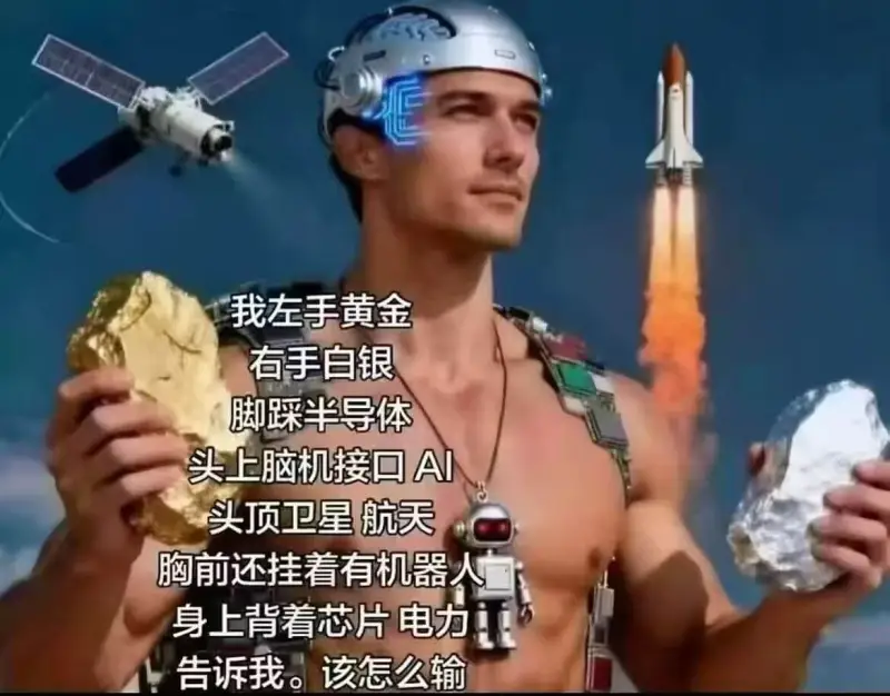 我左手黄金，右手白银，脚踩半导体，头上脑机接口AI，头顶卫星