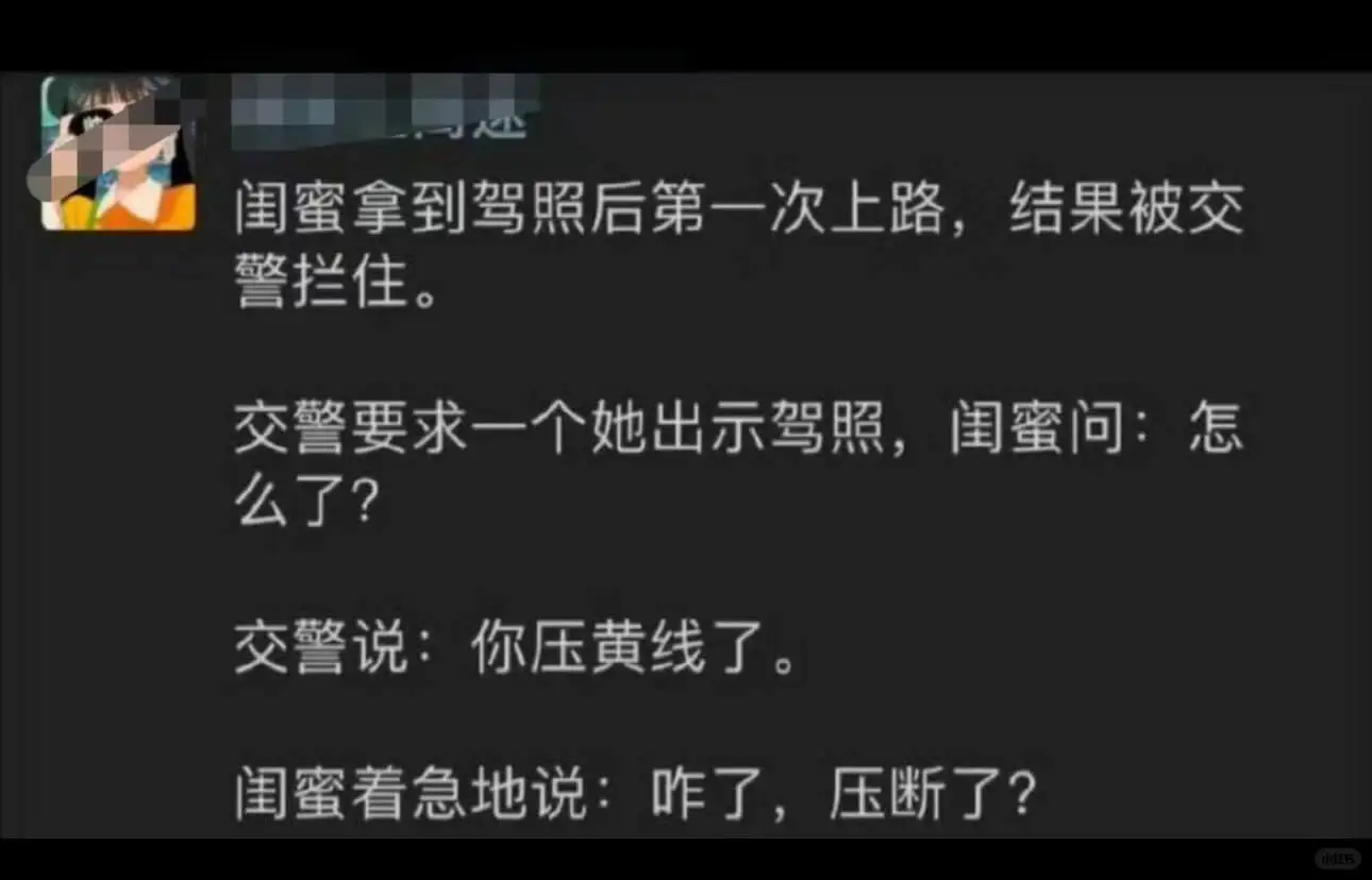 闺蜜拿到驾照后第一次上路，结果被交警拦住。交警要求一个她出示