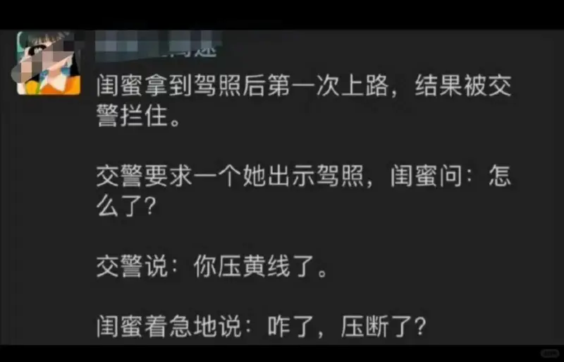 闺蜜拿到驾照后第一次上路，结果被交警拦住。交警要求一个她出示