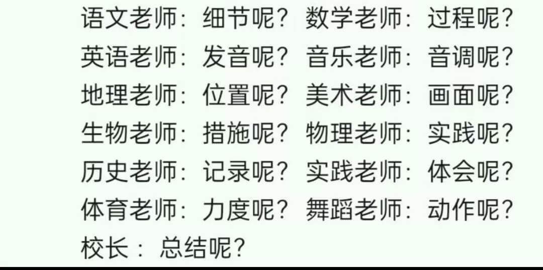 语文老师：细节呢？数学老师：过程呢？英语老师：发音呢？音乐老