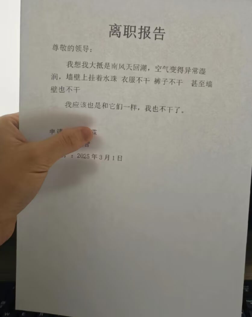 离职报告尊敬的领导：我想我大抵是南风天回潮，空气变得异常湿润