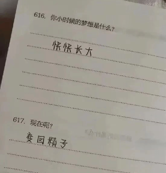 616.你小时候的梦想是什么？怀快长大617.现在呢？变回精