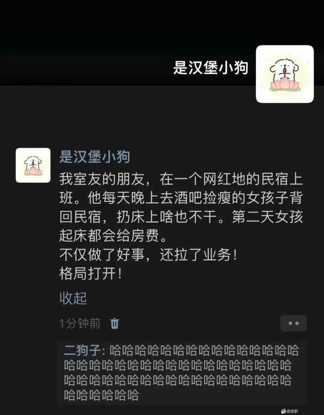 是汉堡小狗是汉堡小狗我室友的朋友，在一个网红地的民宿上班。他