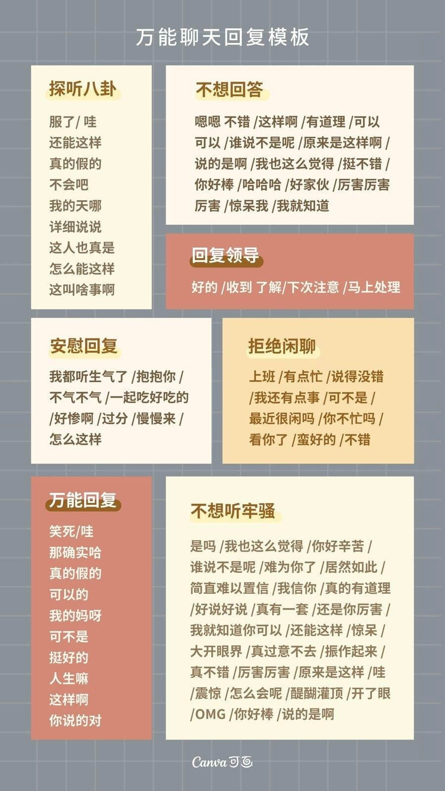 万能聊天回复模板探听八卦不想回答服了／哇嗯嗯不错／这样啊／有
