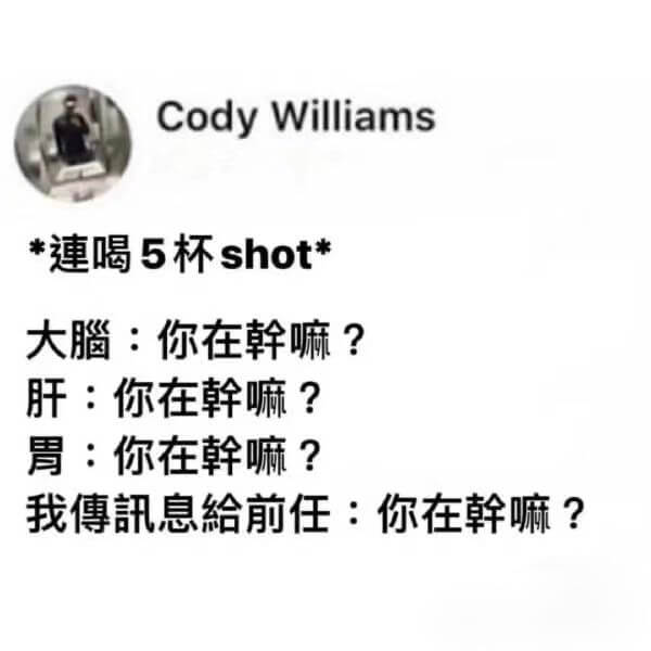 CodyWilliams*連喝5杯shot*大腦:你在幹嘛?