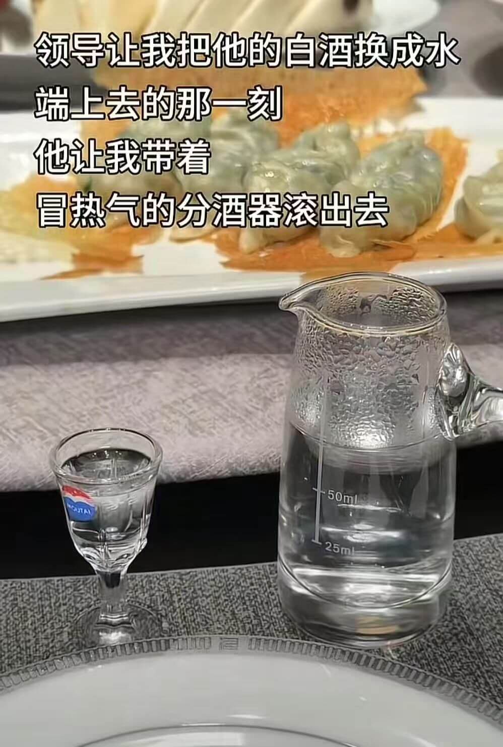 领导让我把他的白酒换成水端上去的那一刻他让我带着冒热气的分酒