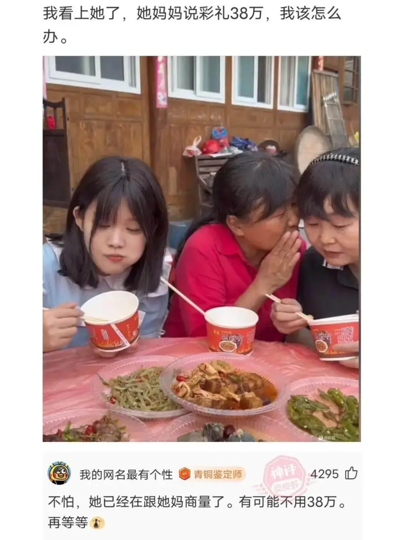 我看上她了，她妈妈说彩礼38万，我该怎么办。神评：4295青