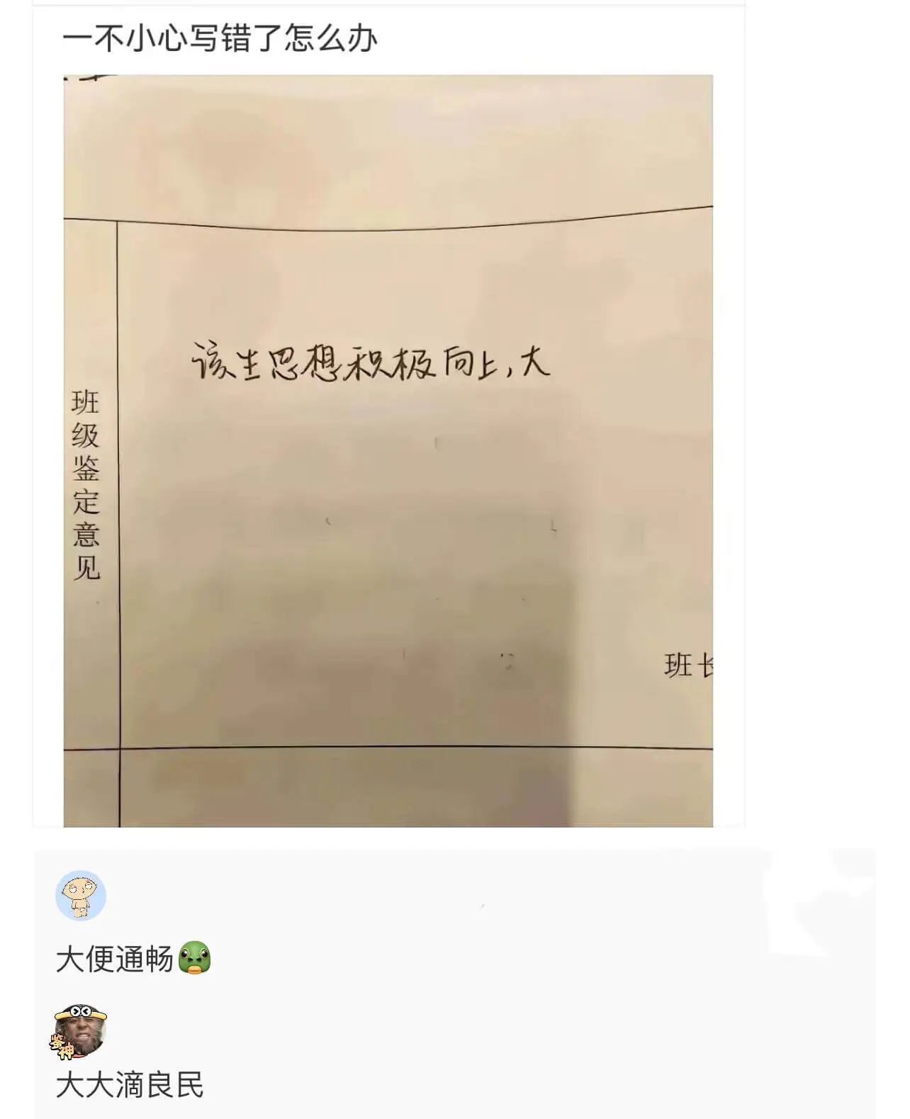 一不小心写错了怎么办该生思想积极向上，大班级鉴定意见：班长大
